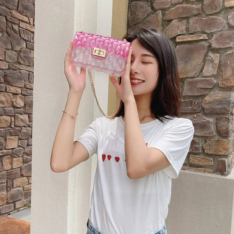 EM612 Hot 2022 PVC Rainbow Rhomboid Pattern Transparent Shoulder Bag Color Small Jelly Ladies Bags Beach Handbags For Women