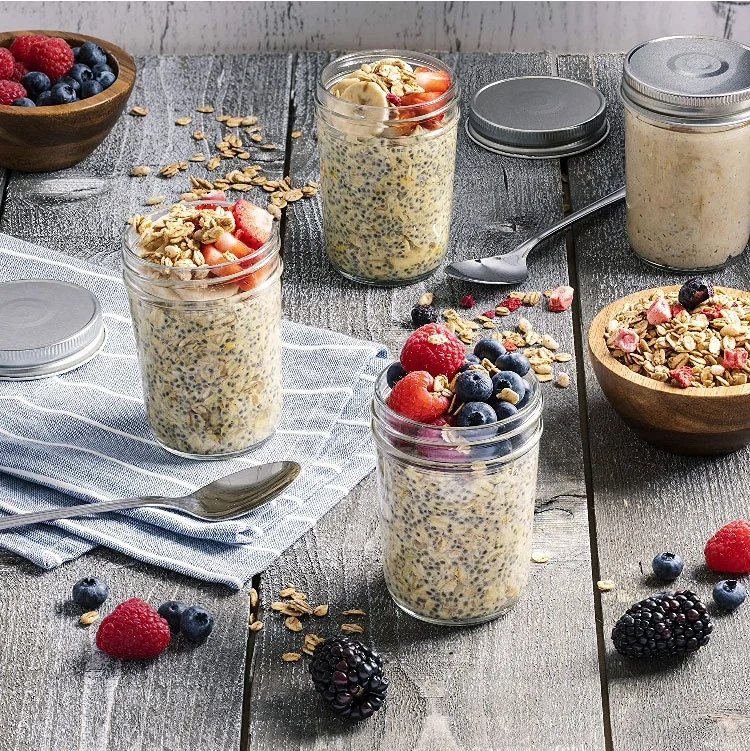 Custom empty clear 8oz wide mouth glass mason jars short in bulk for caviar Baby Food jam with metal lid