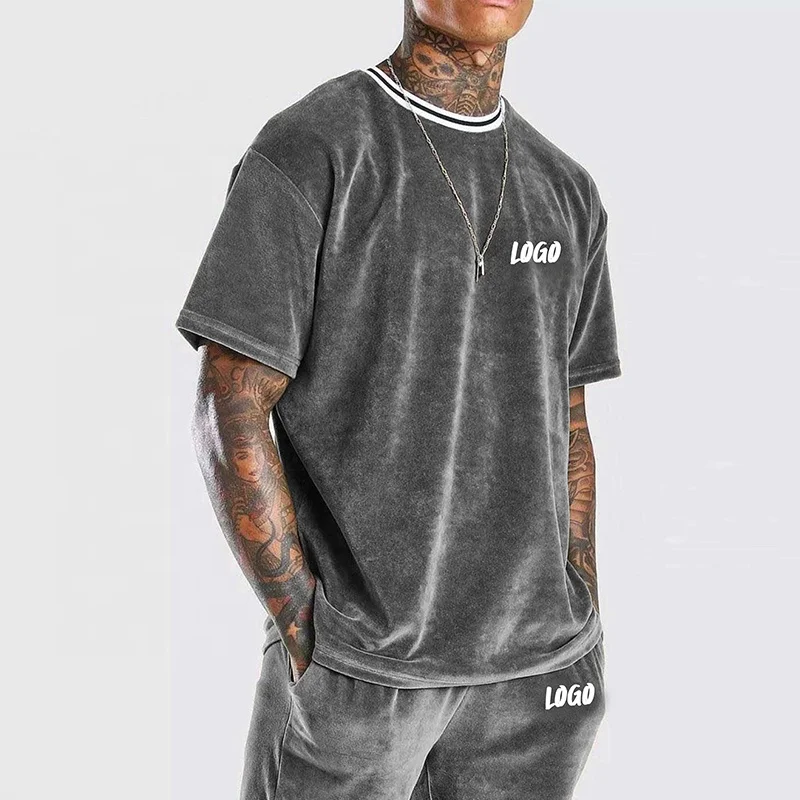 Spring summer Custom Rib crew neck Men Velvet Print Tracksuit Sweatsuit With Shorts velour tracksuit