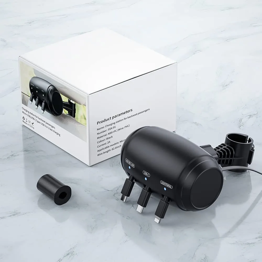 2023 New Car Taxi Headrest Backseat Retractable Cord 3 in 1 Power Charging Station Car Charger Type C Micro USB for phone tablet