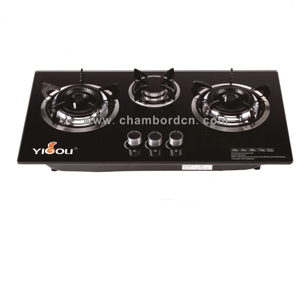 
Home Built-in Tempered Glass Panel Cast Iron 3 Burners Gas Cooktop 