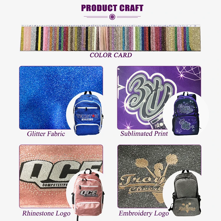 Normzl wholesale custom embroidery logo glitter cheerleading backpack design silver color sparkle cheerleader bags
