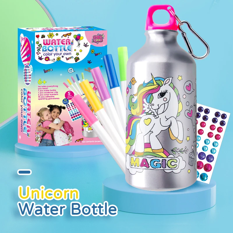 Best Gift Unicorn Aluminium Water Bottle DIY Art and Craft Kits Decorate and Color Your Own Water Bottles For Girls