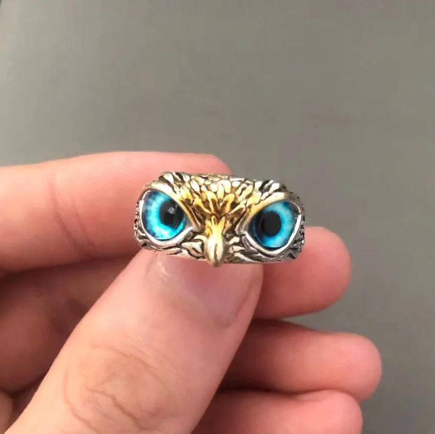 S925 Plain silver retro Blue glasses Owl accessory Ring for men and women designed owl rings