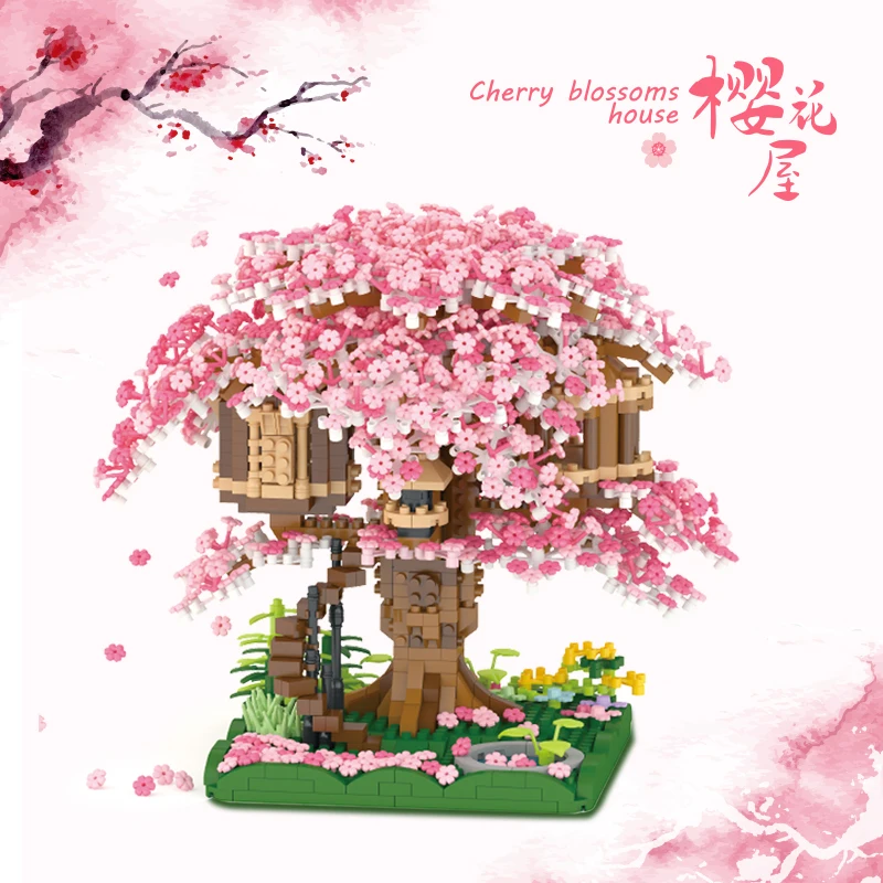 Tiktok Hot Wholesale Cherry Blossom Tree House Mini Micro Brick DIY Sakura Flower  Building Block Set Kids Educational Toys