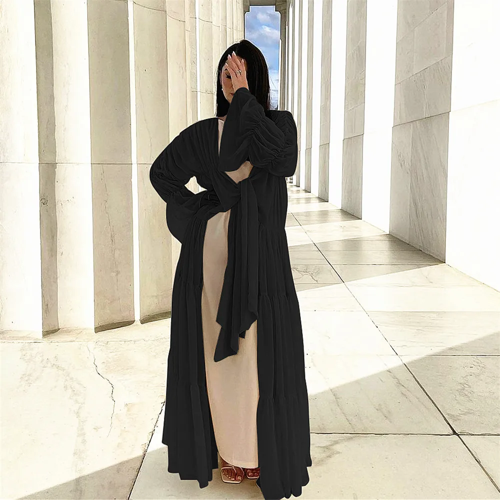 New Design Ruffle Hem Dubai Turkey Fashion Long Sleeve Light Pearl Chiffon Elegant Muslim Woman Open Abaya Kimono Dress