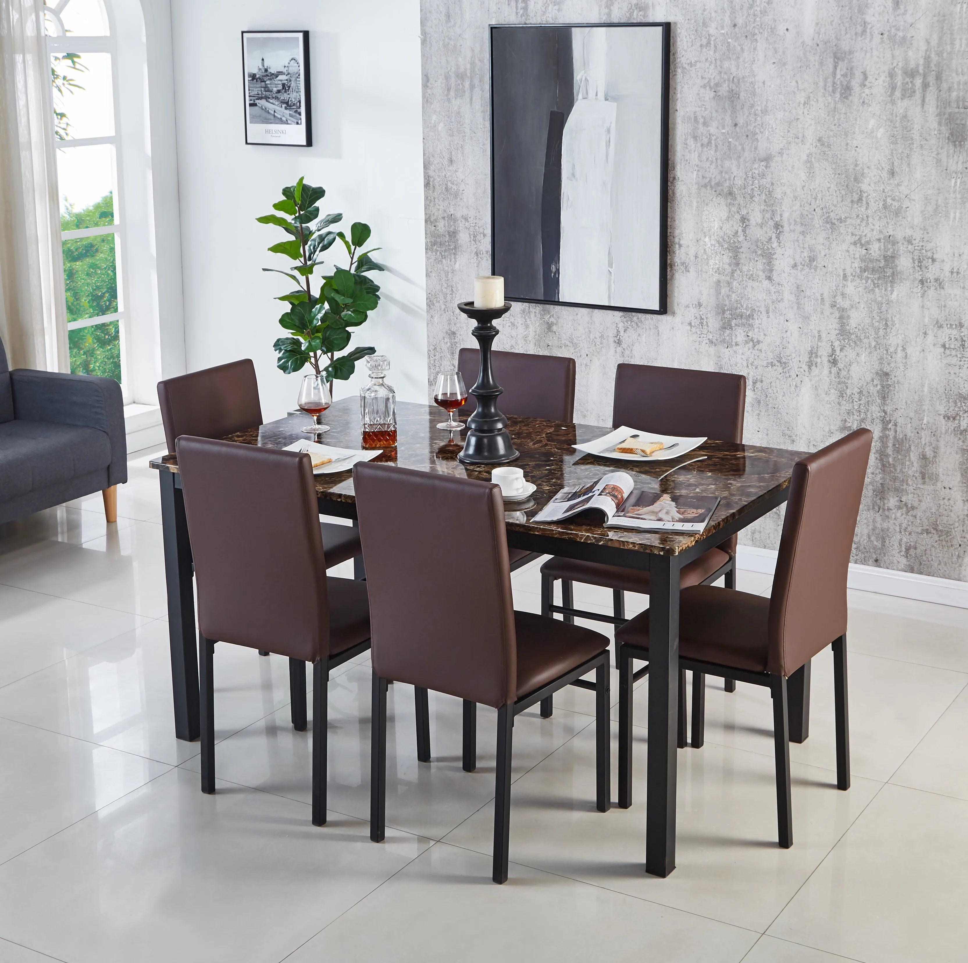 Brand new Free Sample Cheap Price Kitchen Furniture Extending Modern Marble Table Chair  and 6 Chair Luxurious Dining Room Sets