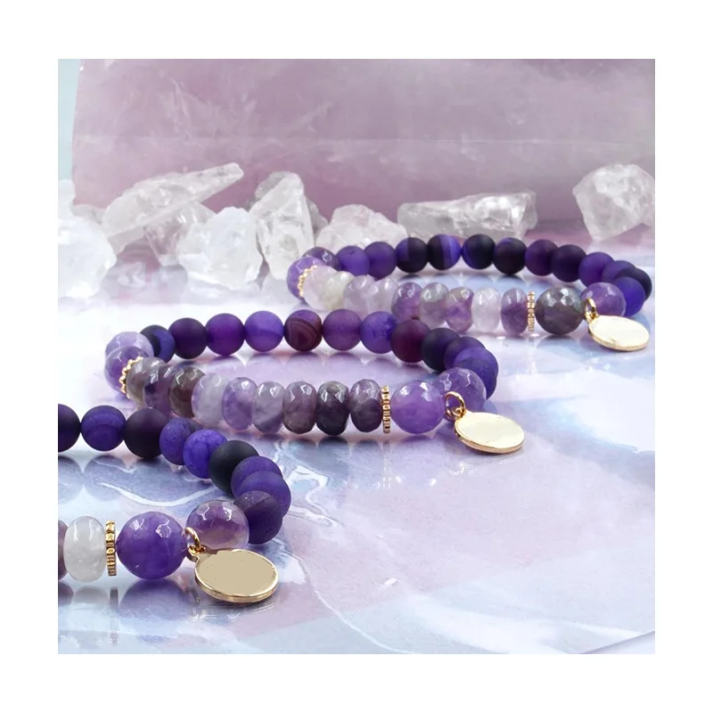 Elegant Amethyst & Grey Agate Gold Stainless steel Purple Iris Bracelet Set Boho Multi-layer Metal  Wire Women Jewelry Gift