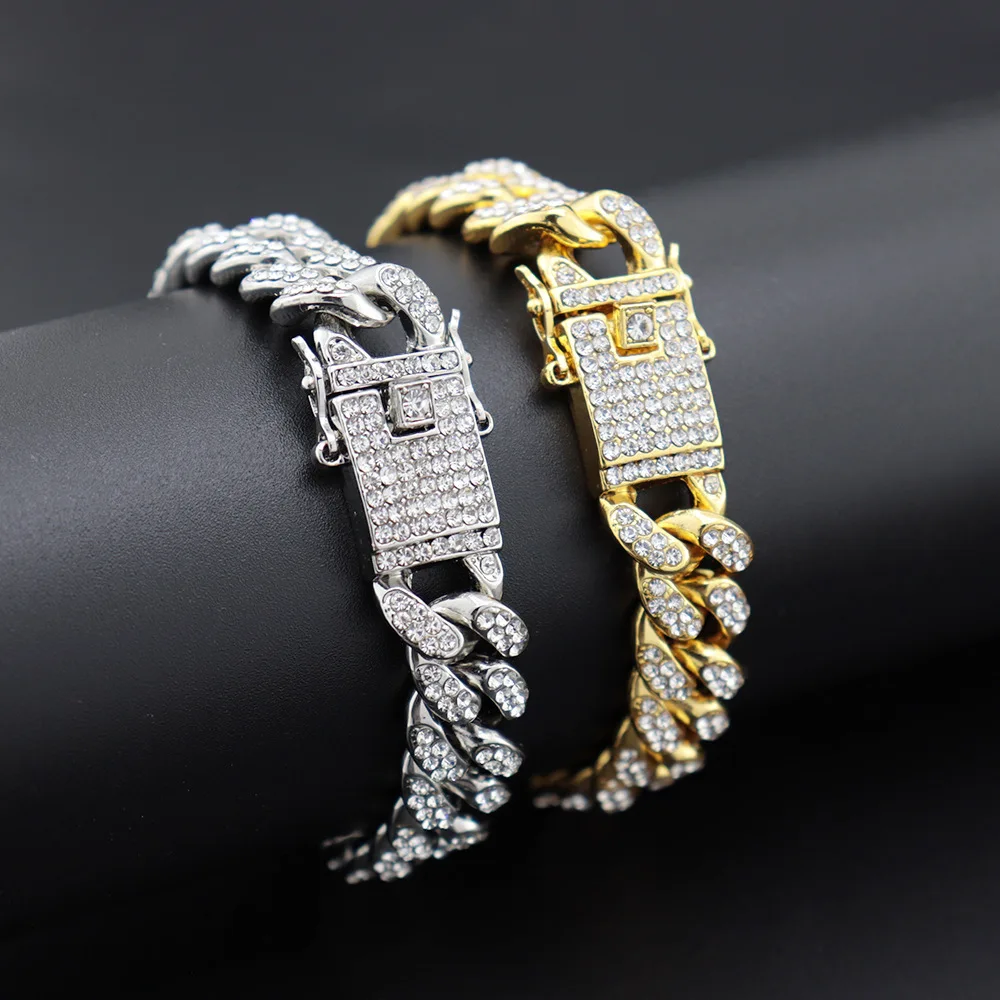
New Custom Iced Out 12MM Cuban Link Chain Hip Hop CZ Choker Bracelet For Men Women,12mm Hiphop Cuban Iced out Bracelet Chain 