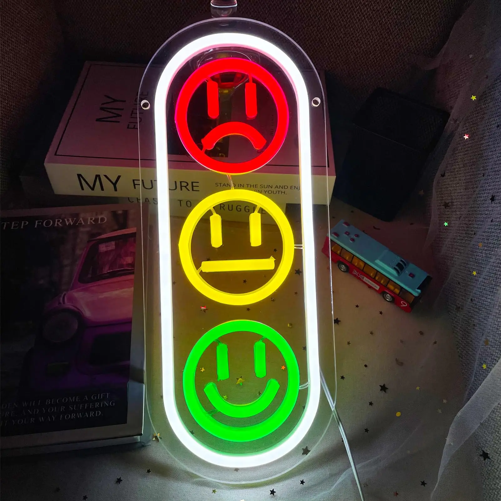 Smiley Face Neon Sign Traffic Light Led Sign Dimmable Smile Neon Lights Signs for Kids Room Bedroom for Neon Wall Art