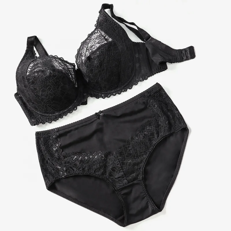 Custom plus size bras lace black bra E cup ladies solid women bra & brief sets Wholesale 2 piece underwear