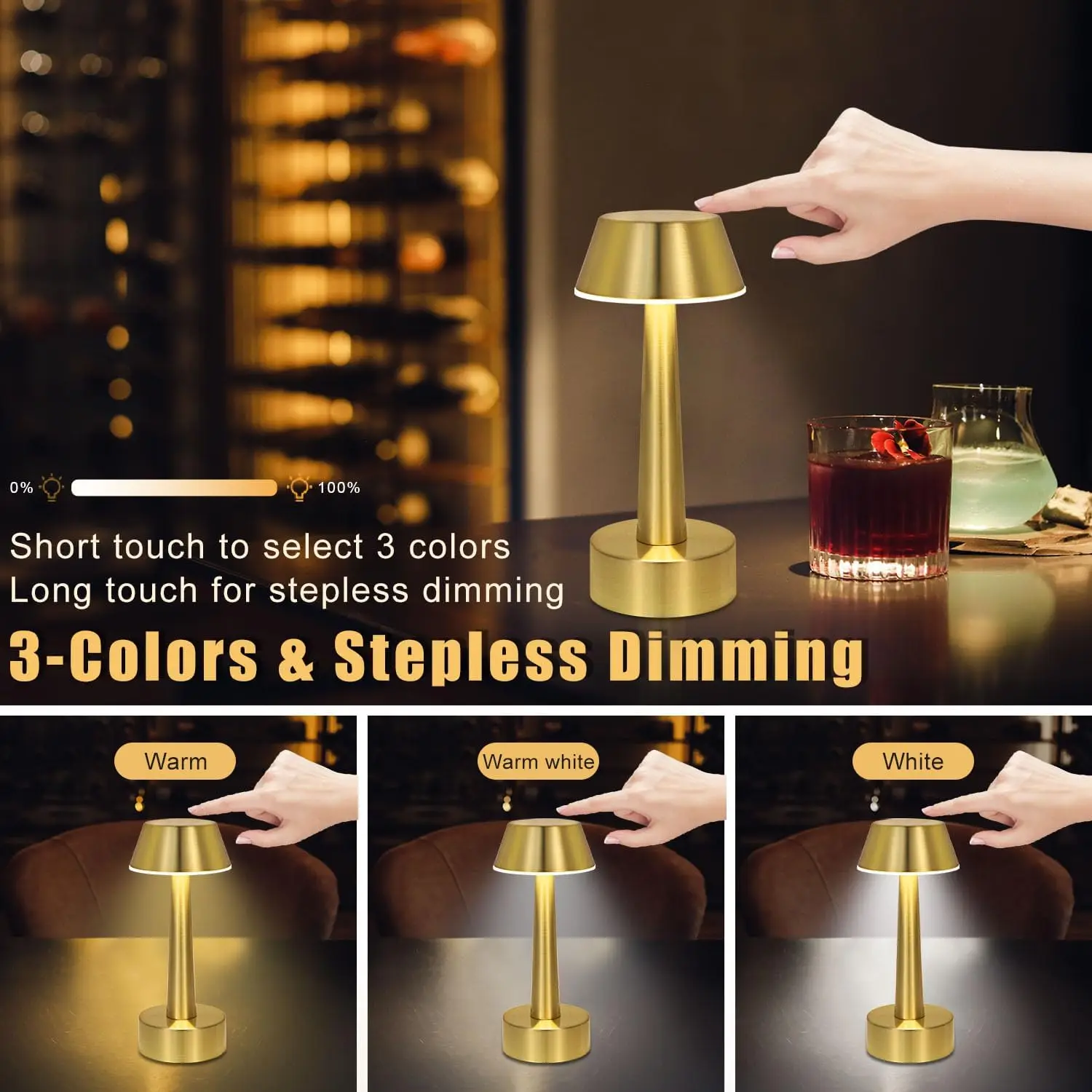 Modern Cordless Small Table Lamp for Bar Restaurant, Rechargeable USB Touch Dimming 3 Light Color Night Light