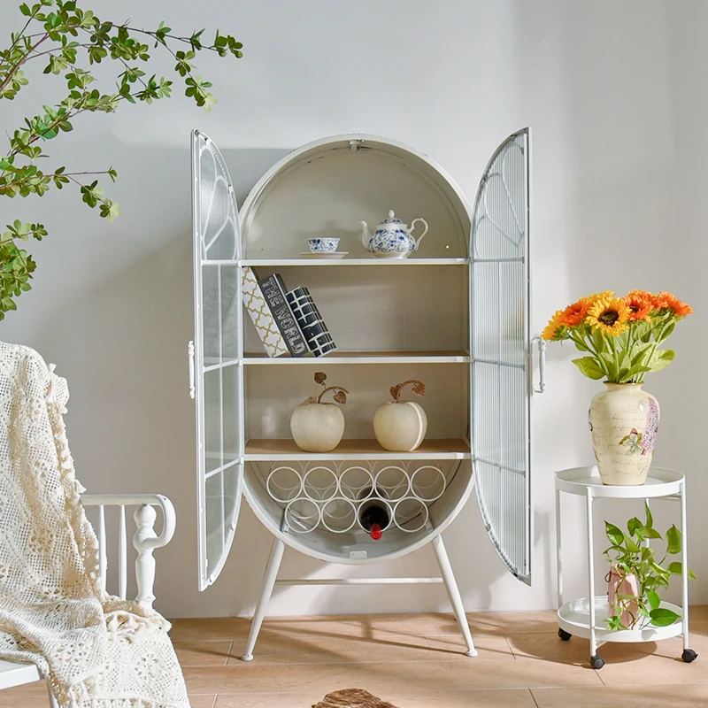 Nordic style home living room rustic white color iron metal frame oval storage display cabinet with glass doors