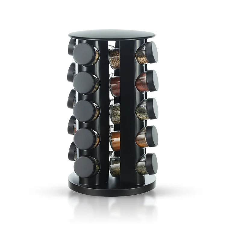 New Arrival Matte Black Metal Rotating Spice Organizer Glass Seasoning Jars Revolving Rack for Kitchen Countertop