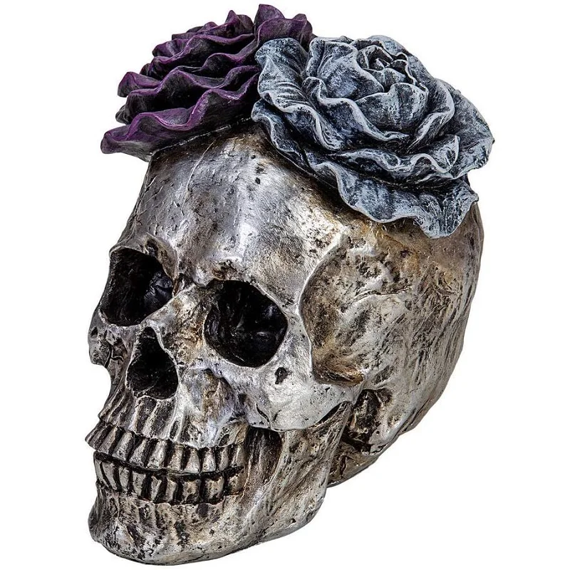 Home Decor Day of Dead Purple Grey Rose Silver Skull Resin Figurine Halloween Skull Statues