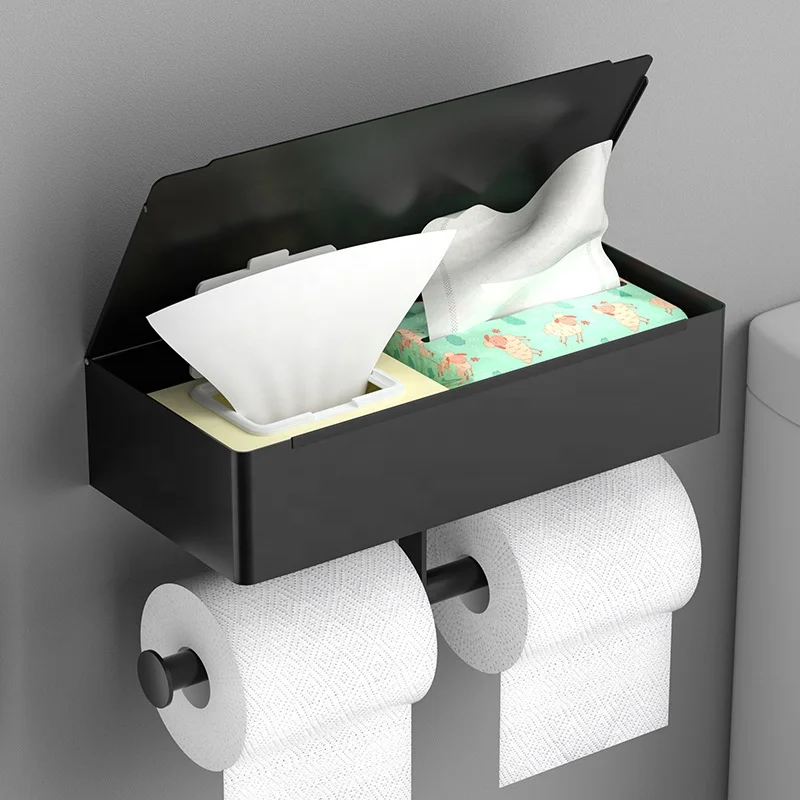 Multifunctional Wall Mounted Decorative Toilet Tissue Paper Roll Towel Holder With Shelf For Bathroom Paper Phone Holder