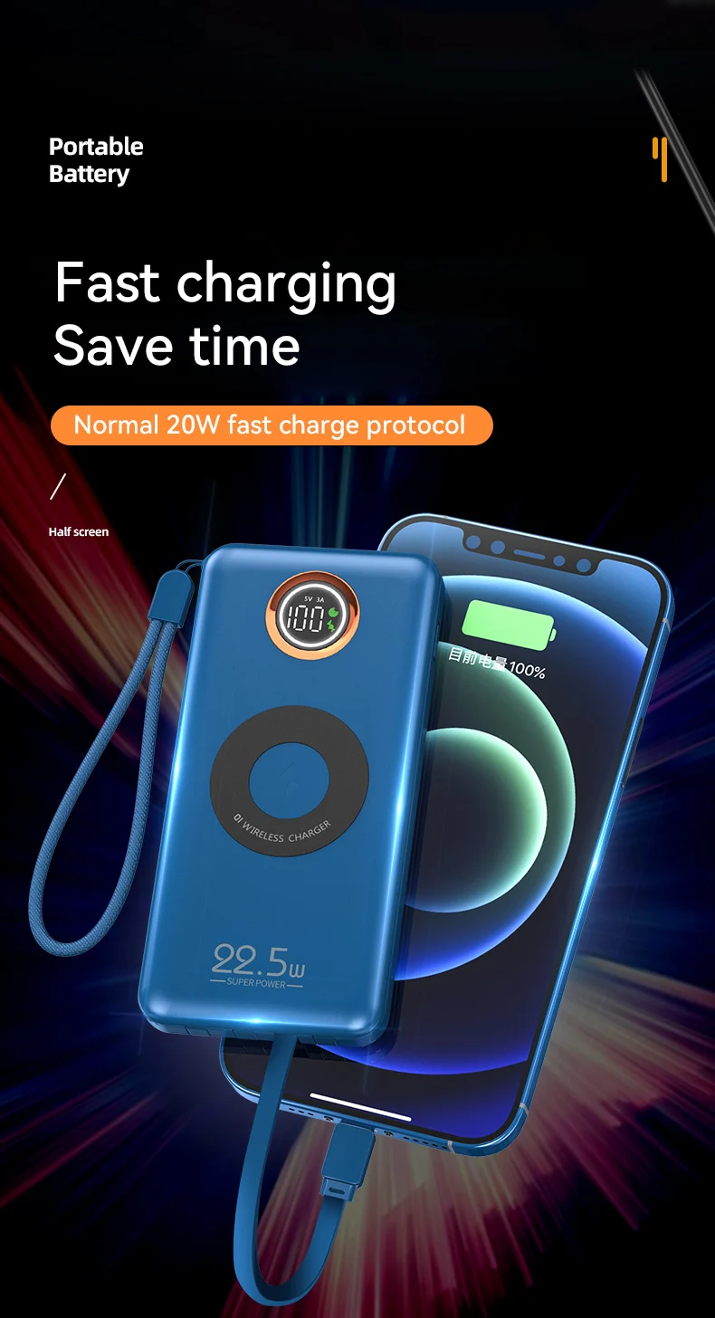 Multifunction 7-in-1 Power Bank 20000mAh External Battery Wireless Charge 18W 20W 22.5W PD Fast Charging Power Bank