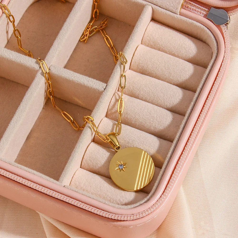 Wholesale Trendy 18k Gold Stainless Steel Oval Chain Women Jewelry Stripe Pattern Zircon Square Heart Circle Pendant Necklace