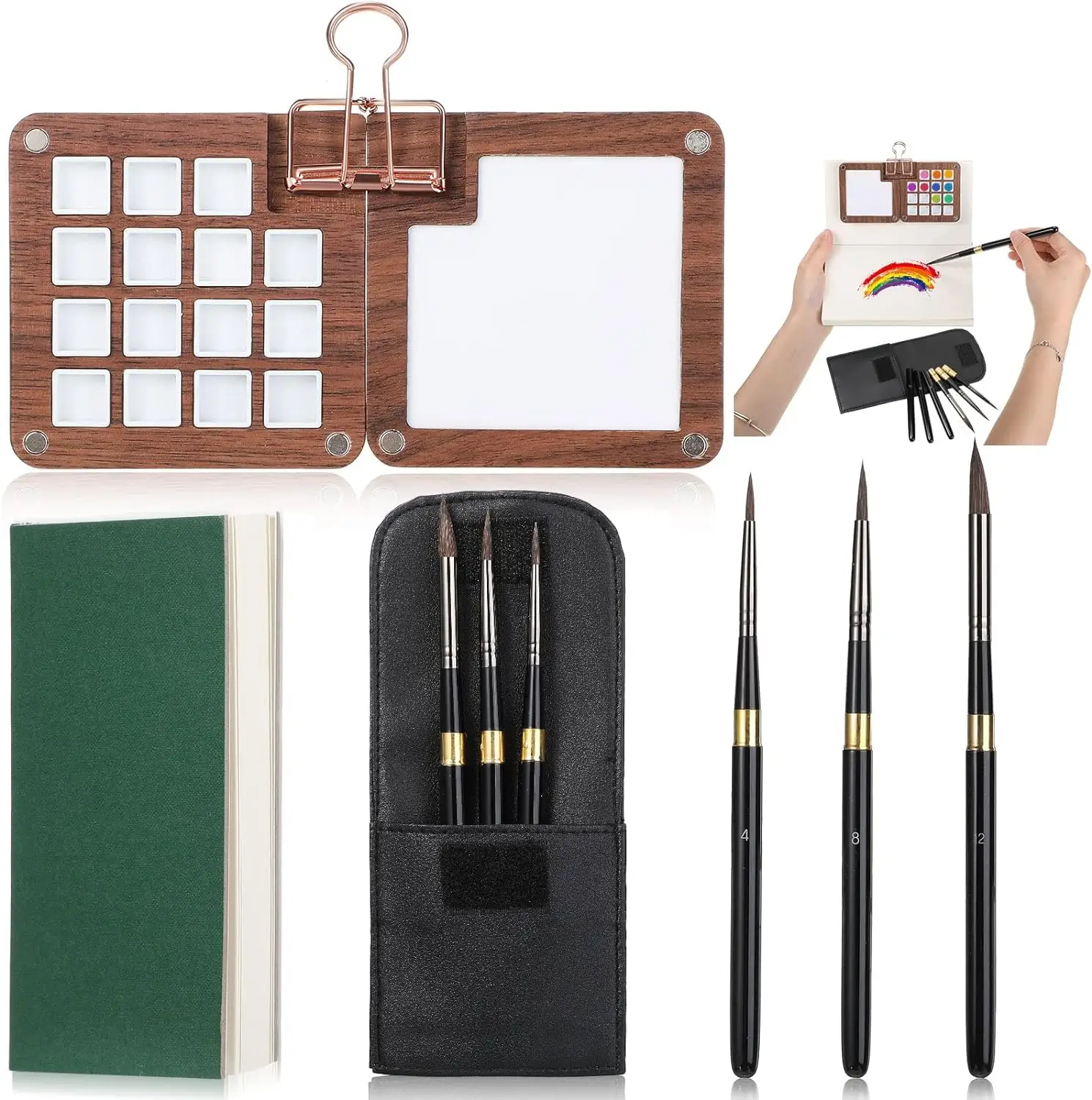 15 Color Mini Watercolor Paper Sketchbook Watercolor Brushes wooden  palette Set wood-artist-palette with clip