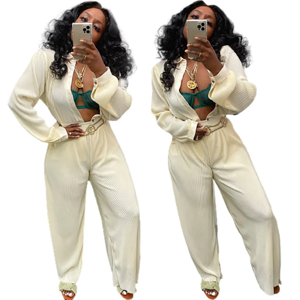 LD81060 New Arrival Casual Solid Beige White Sets Shirts and Pants Lounge Wear Fall Clothing Two Women Piece Sets