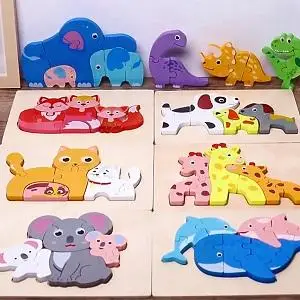 3d Puzzles Educational Toys Kids Animals Montessori Game Wooden Assemble Pegged Puzzles Board Children Preschool