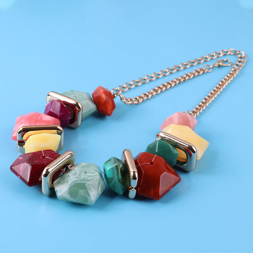 Boho Style African Hot Sell Natural Stone Agate Emerald Mixed Marble Resin Bead Ball Jewelry Necklace for Women