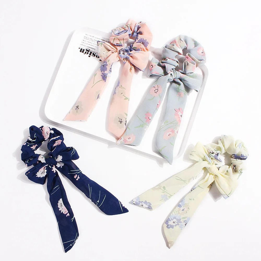 QIYUE Retro Popular Chiffon Solid Color Hair Bow Ribbon Large Scrunchies Hair Tie Hair Accessories