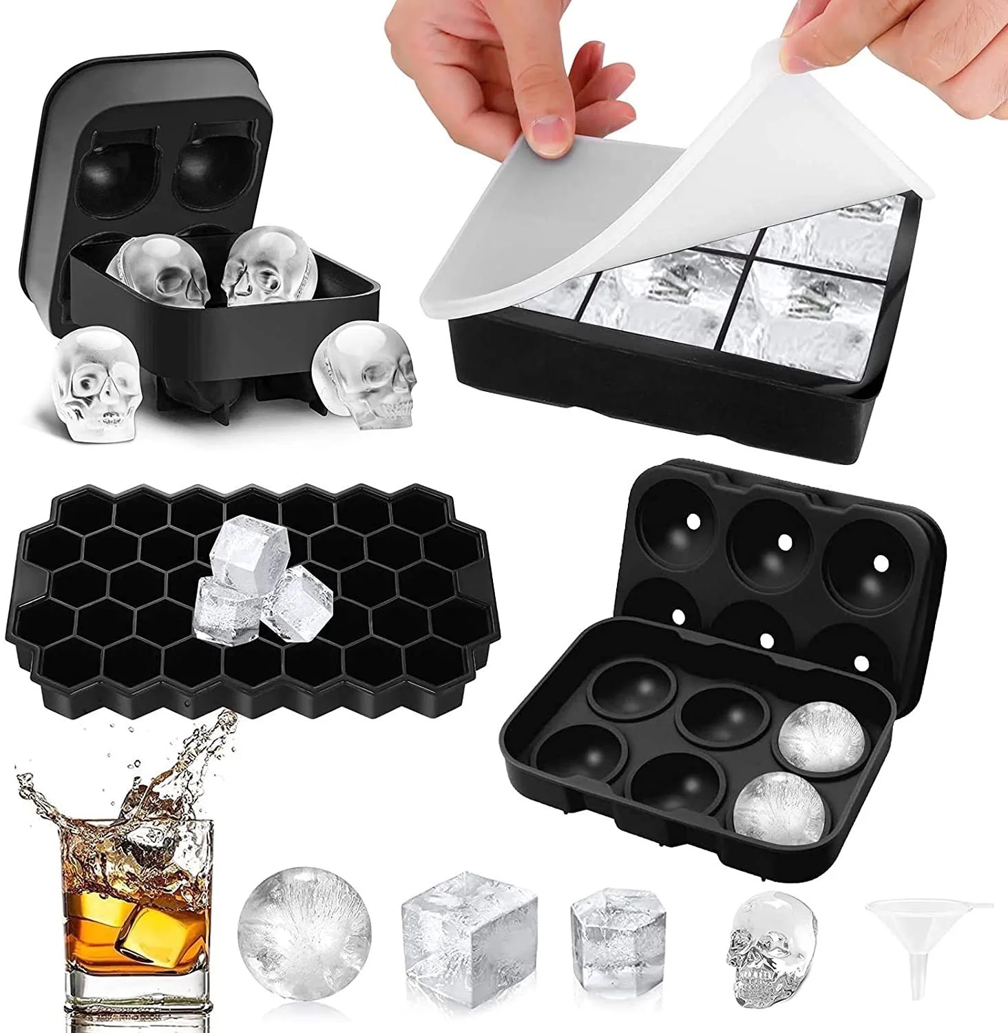 Multiple Classes Black Ice Cube Tray with Lid Silicone Ice Ball Maker Mold Clear Ice for Whiskey and Cocktail
