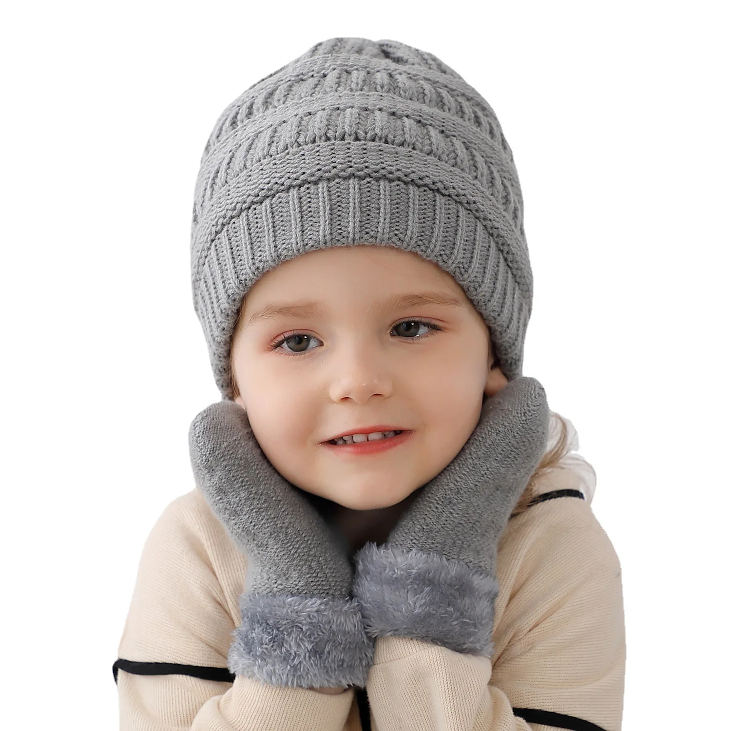 New Infant Baby Kids Girls Boys Winter Warm Knit Hat Ear Solid Warm Cute Glove 2pcs Lovely Kids Newborn Cap