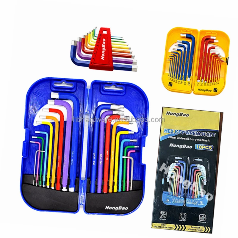 9/18 Piece Hex Key Allen Wrench Set SAE Metric Long Arm Ball End Hex Key Set in Plastic Box Color Packing Tool Industrial Grade