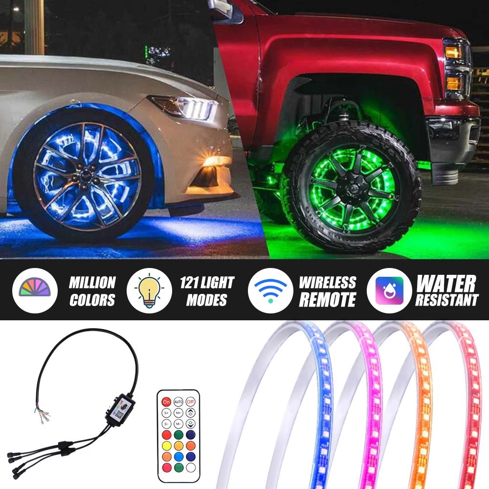 2022 New Single Double Row Ring Light for cars RGB App Remote Control Wheel Light 14 15.5 17 inch Led Underglow