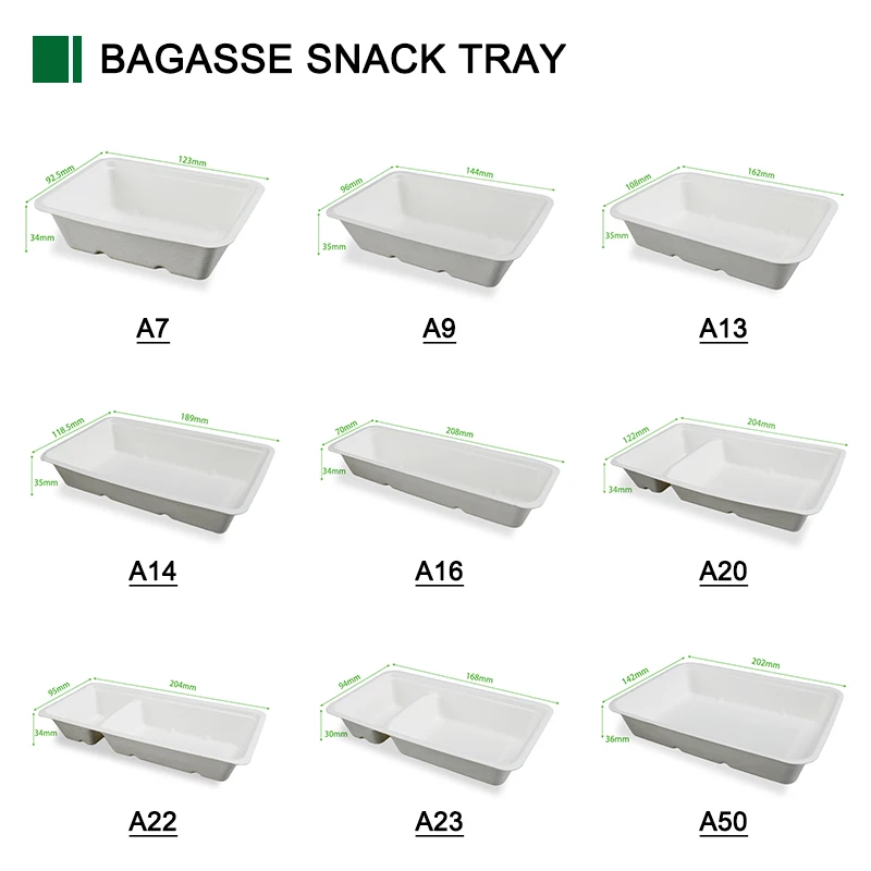 OEM Logo Full Size Disposable Snack Fast Food Box Tray Sugarcane Bagasse Container Waffle Hotdog Take out Snack Tray