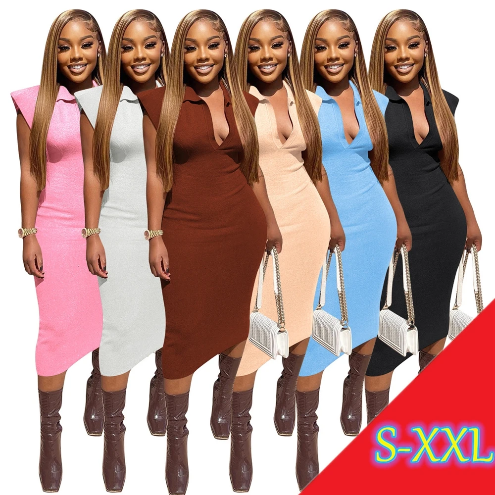 MISSQ NK285 Women Dresses Summer Casual Solid Polo V Neck Sleeveless Fashion Ladies Streetwear Dresses Club