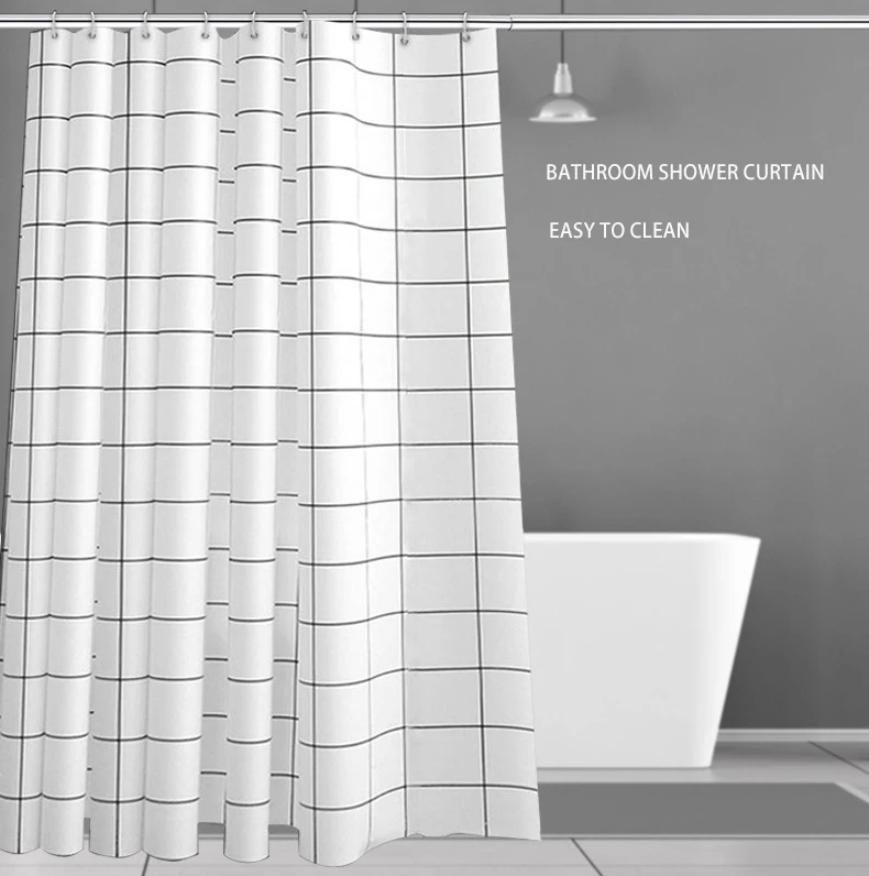 Amazon Basics Shower Curtain with Hooks 72 x 72 Inch White with black check bathroom curtains set