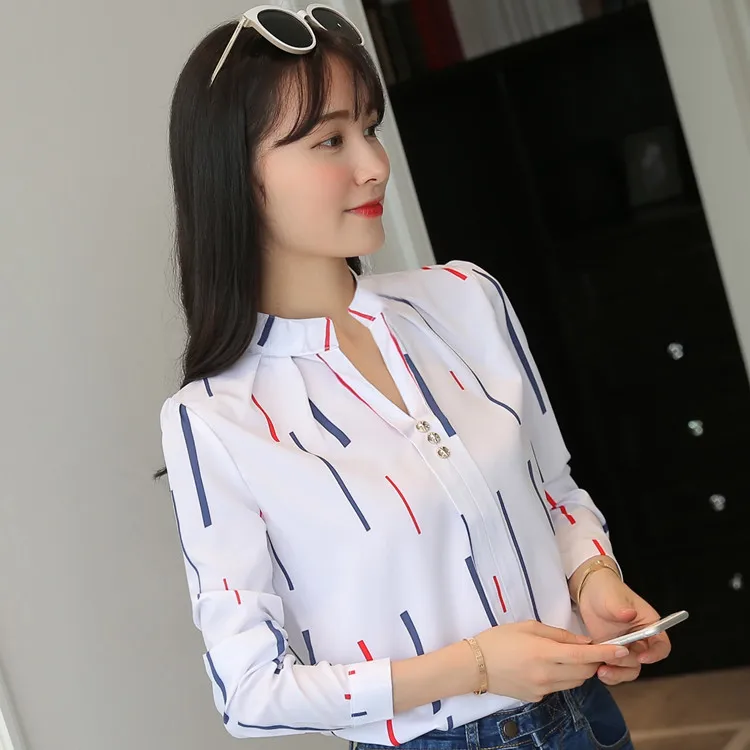 
Loose stripe stand collar blouse long sleeve white female summer and autumn new versatile casual shirt 