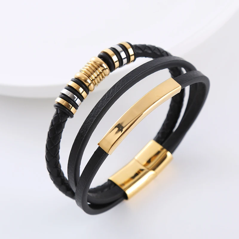 fashion jewellery wholesale stainless steel 18k gold plated blank bar men leather bracelet