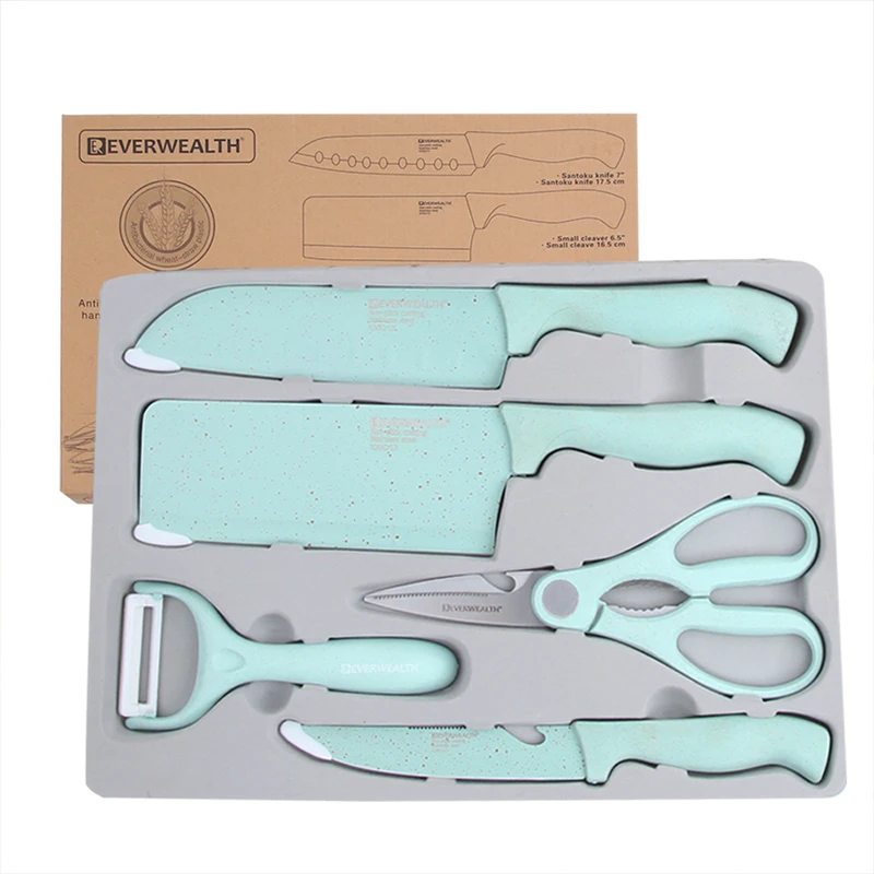 Wholesale PP Wheat Straw kitchen knives Minimalist style Kitchen Chef Knife Set 5PCS