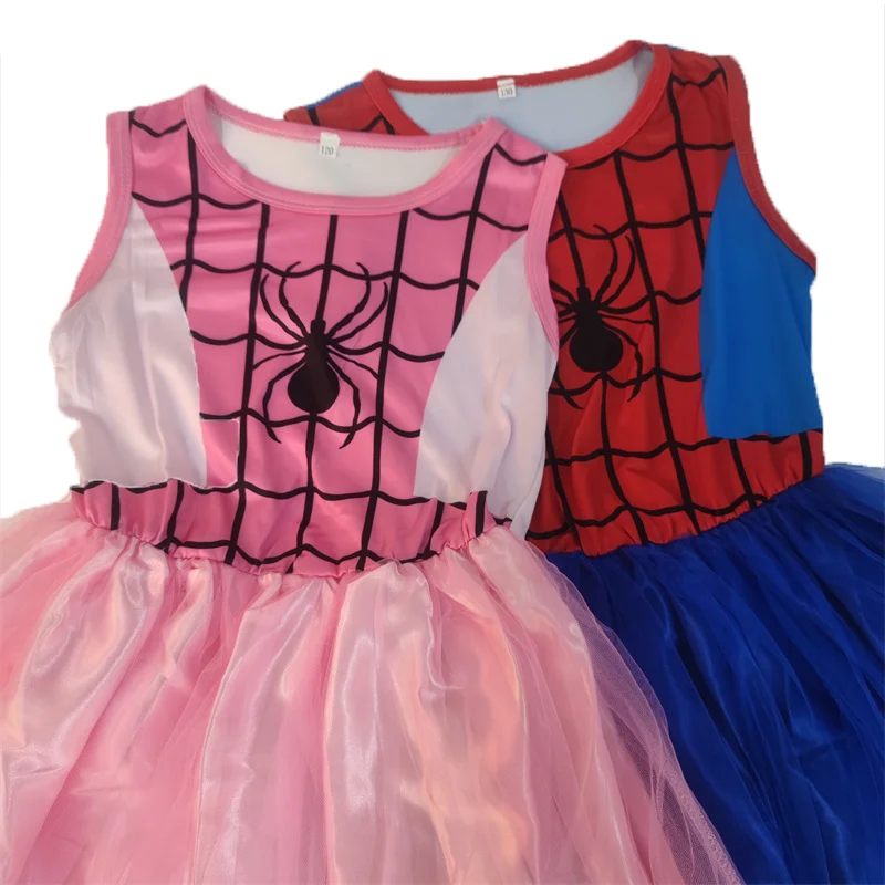 Blue Pink Spider Web Dress for Girls Sleeveless Anime Cartoon Princess Fancy Party costume with Face Shield Cosplay Children