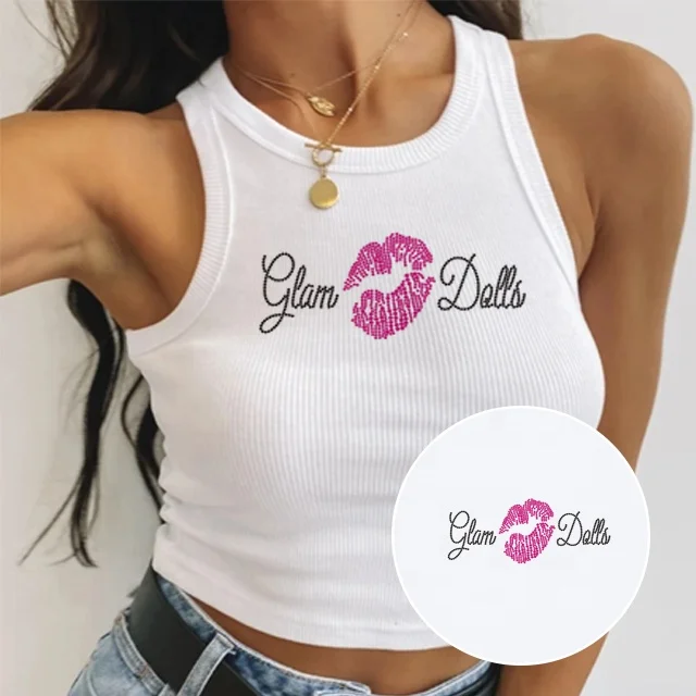  custom your own rhinestone design knitted crop tank tops sleeveless o-neck flexible slim Women