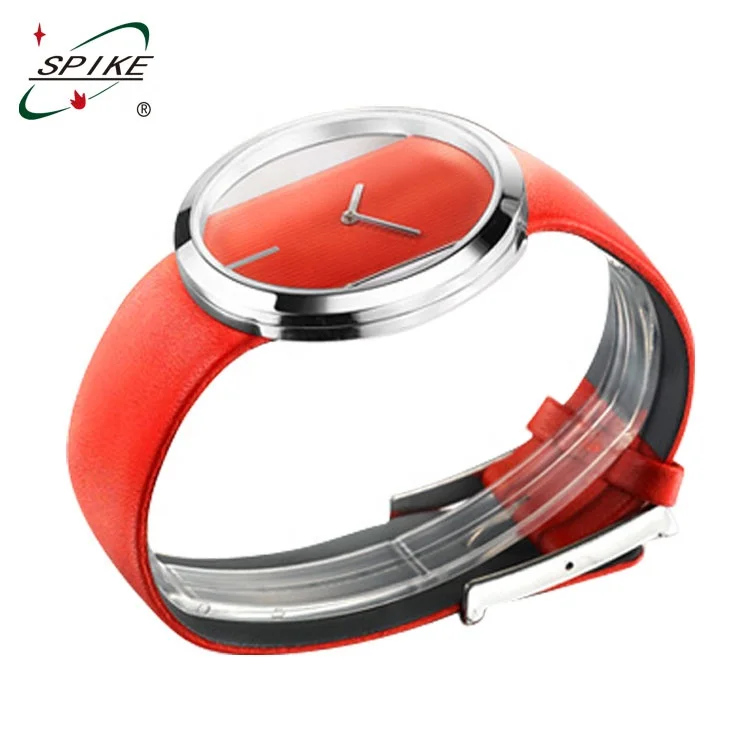 Leather Band Quartz Lady Watch Transparent case leather watch one piece watch band