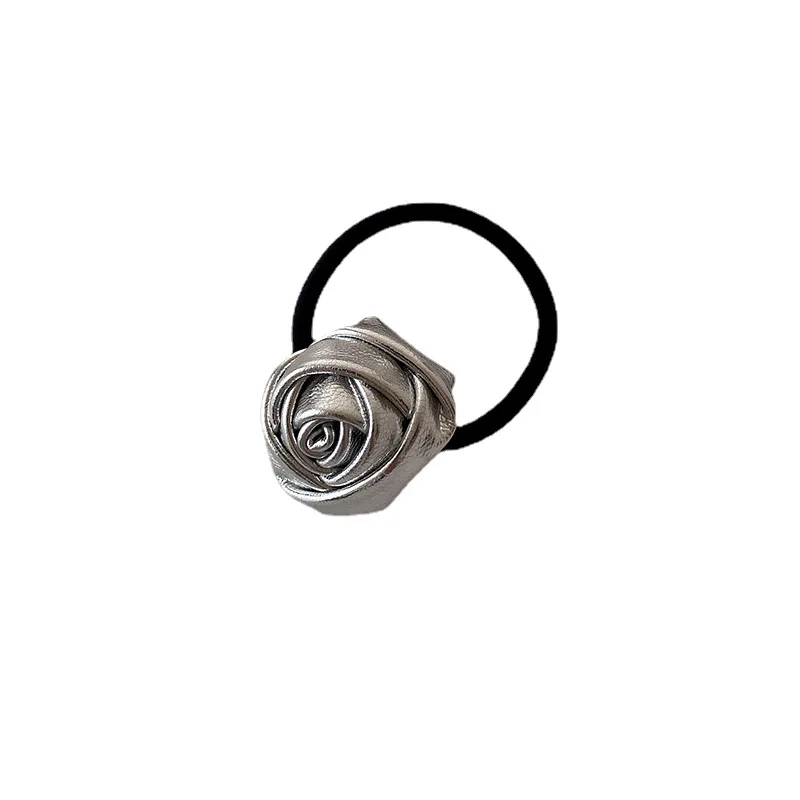 Korean Style Simple leather rose flower hair clip flower scrunchie High ponytail hair ties Girls Hair Accessories