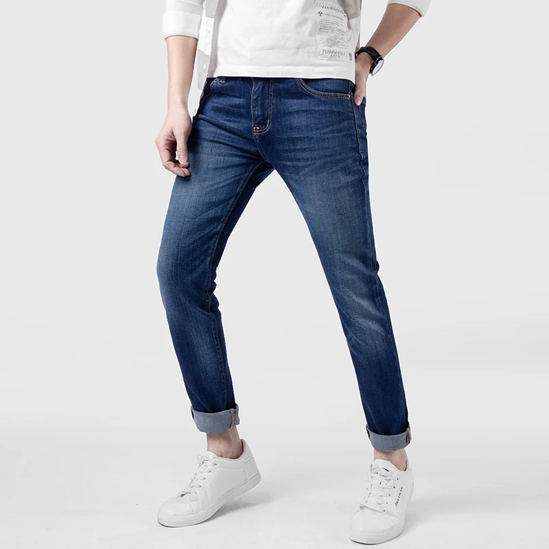 Roll Hem Jeans Men Pantaln Hombre Mezclilla Military Style Jeans Young Pants Blue 2020 Trendy Slim Fit Denim Jean Trousers