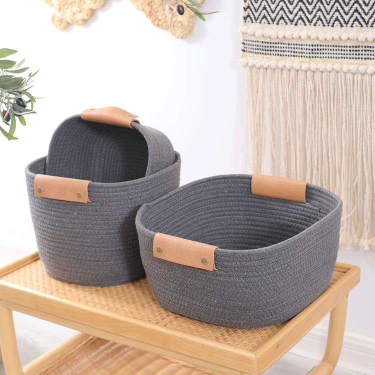 Wholesale Decorative fashion foldable Woven Laundry Cotton Rope storage Basket with Leather Handles