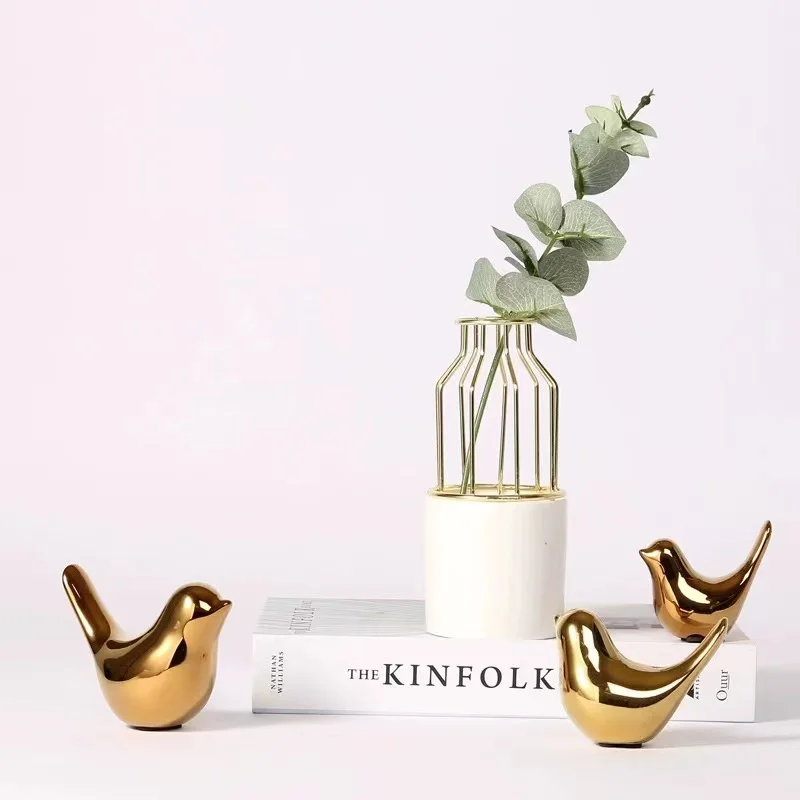 ceramic birds statue small decorative gold bird figurine ornaments living room bedroom office desktop cabinets decor