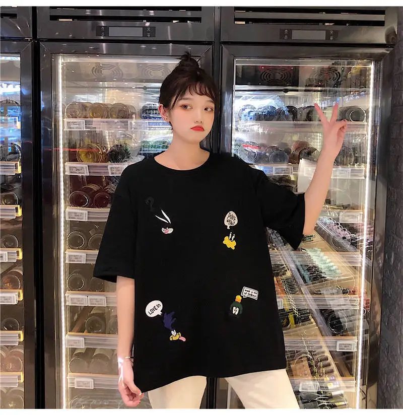 Женские летние футболки больших размеров, новинка 2021, милая мультяшная футболка с круглым вырезом и коротким рукавом для девушек, студентов, леди, топы в стиле BF, футболки