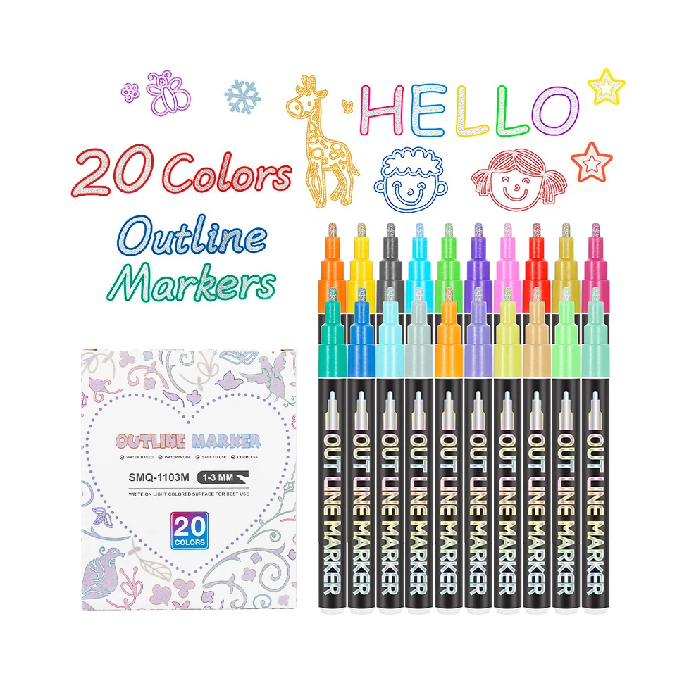 Double Line Outline Pens 20 Colors Painting Diy Sketching Child Color Pen Writing Drawing Pens Outline Metallic Markers