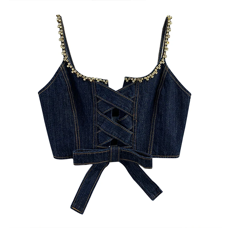 2022 new sping women vest denim vest crsytal vintage high quality bow lace up vest factory wholesale dropship