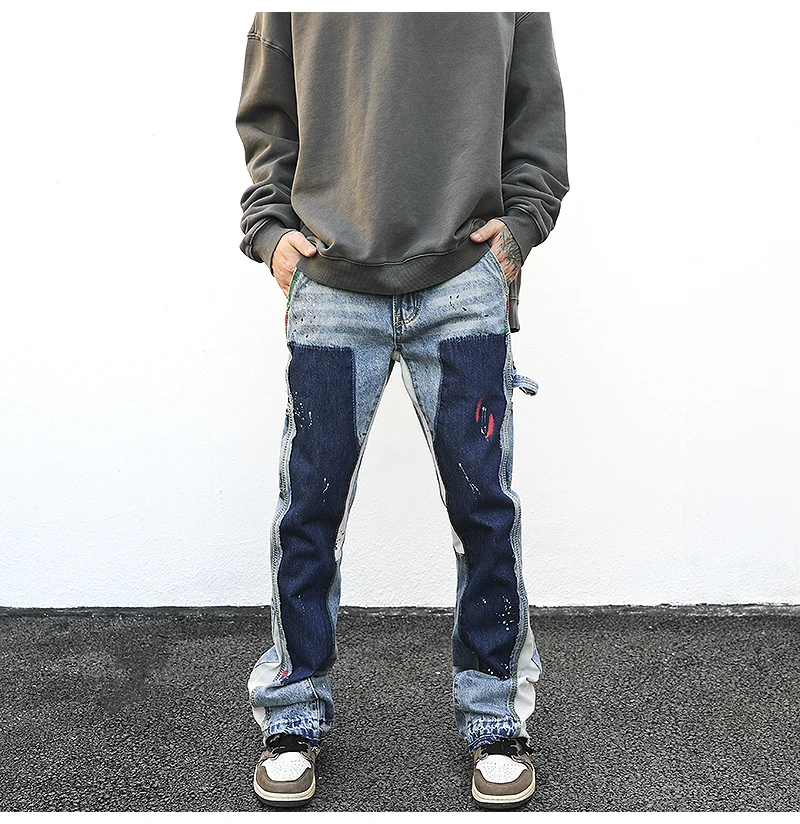 Custom Streetwear Graffiti Painting Denim Pants Vintage  American punk style Coated stacked jeans Men Flared Pants jeans for men
