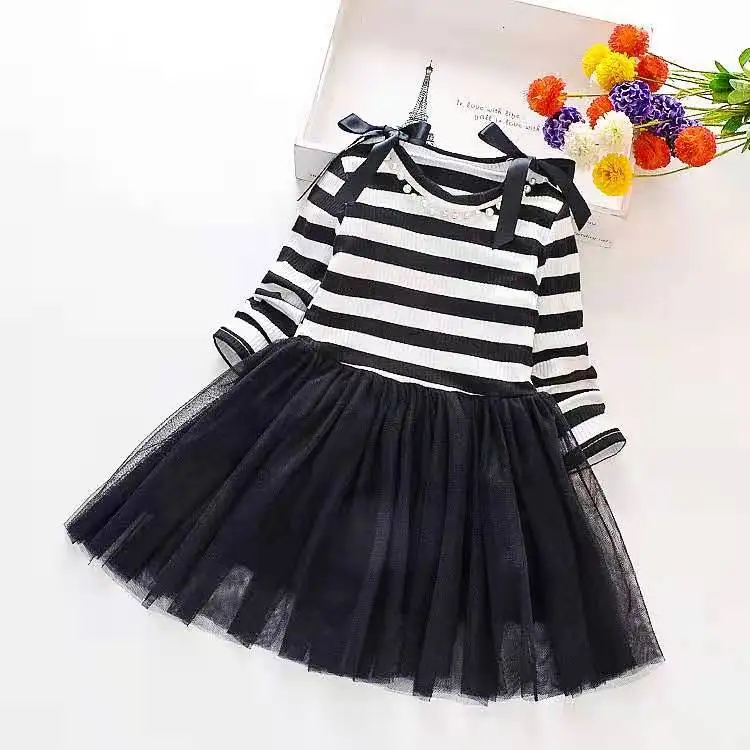 Hot sale kids long sleeve party dress stripe kids dresses for girls children