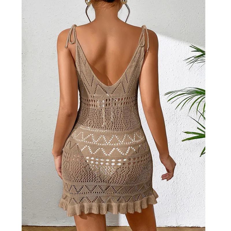 2024 Spring Summer Fashion Custom Beach Clothes Crochet Hollow Long Knitted Beach Cover Up Crochet Dress